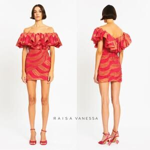 NWT RAISA VANESSA Metallic Lace Off The Shoulder Ruffled Minidress, FR38/US6